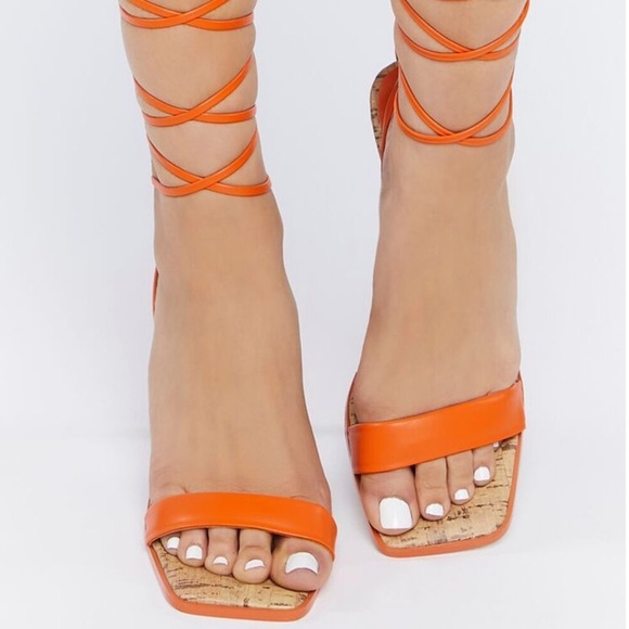 Orange square toe strappy ankle wrap cork insole heeled sandals Sz 10 - Picture 2 of 4